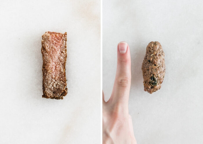 side by side images of a strip of steak and a beef meatball next to a finger.