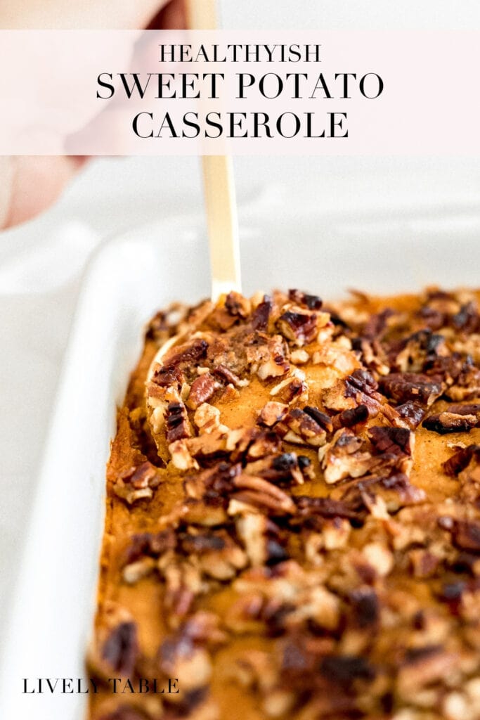 pinterest image with text for healthy sweet potato casserole.