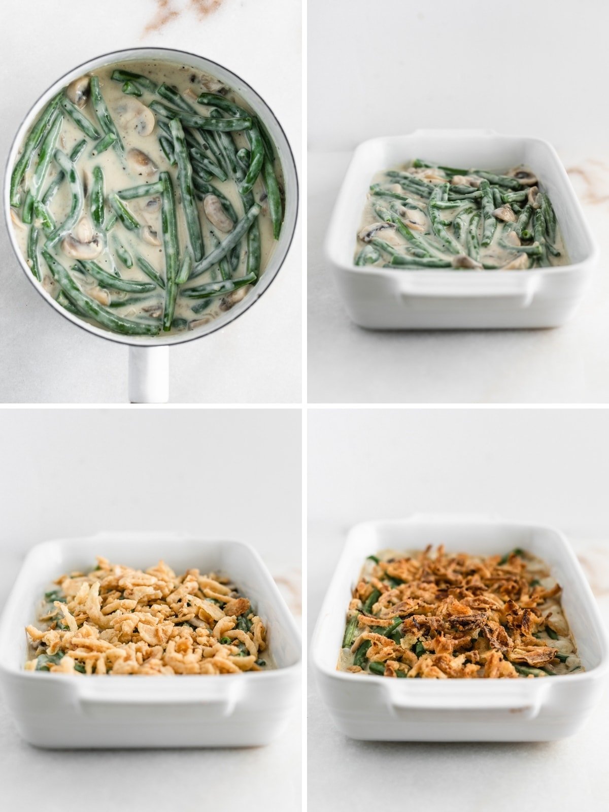 four image collage showing steps for making homemade green bean casserole.
