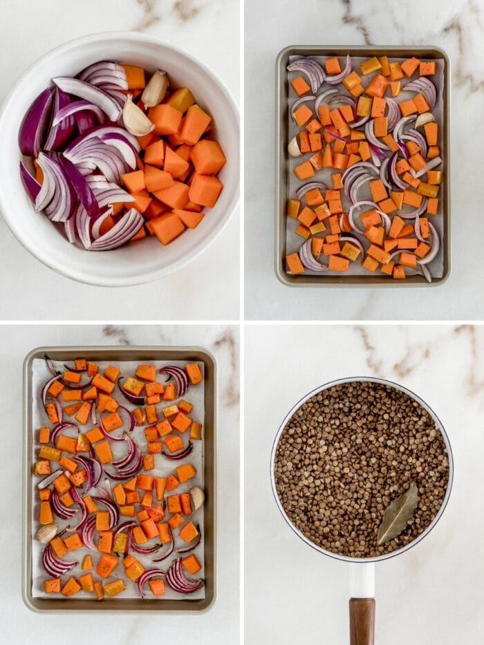 four image collage showing steps for roasting butternut squash and onions and cooking lentils.
