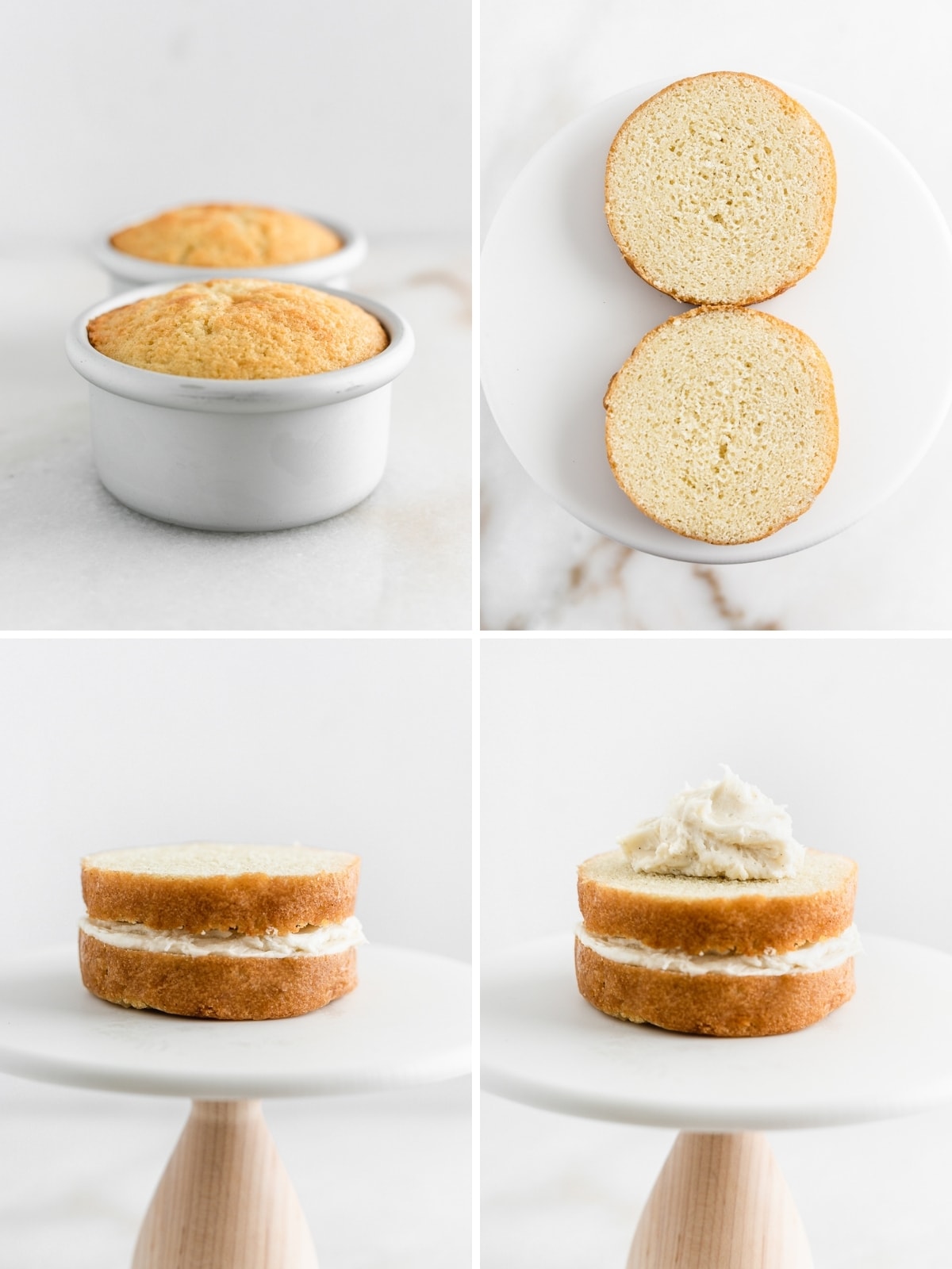 four image collage showing steps to cutting and frosting a cake.