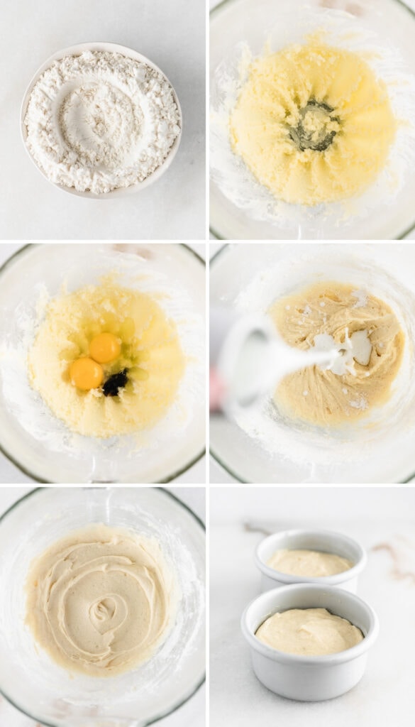 Six image collage showing steps to making vanilla cake batter.
