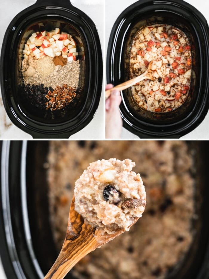 collage image showing steps to making overnigth slow cooker apple cranberry oatmeal.