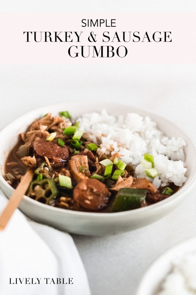 pinterest image with text for one pot turkey gumbo.