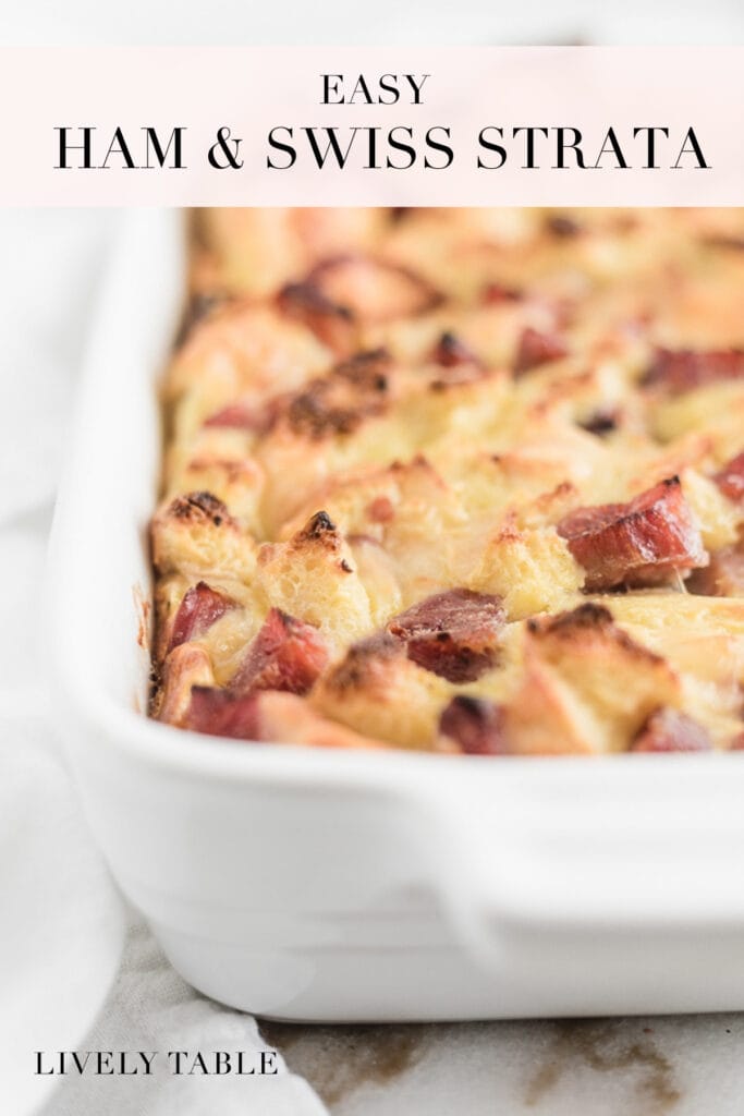 pinterest image with text for ham and swiss strata.