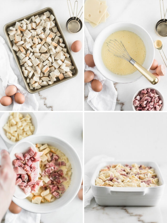 four image collage showing steps for making ham and swiss strata.