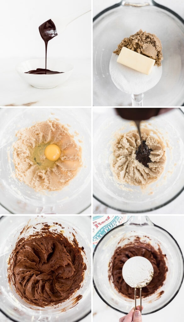 six image collage showing steps for making peppermint chocolate icebox cookie dough.