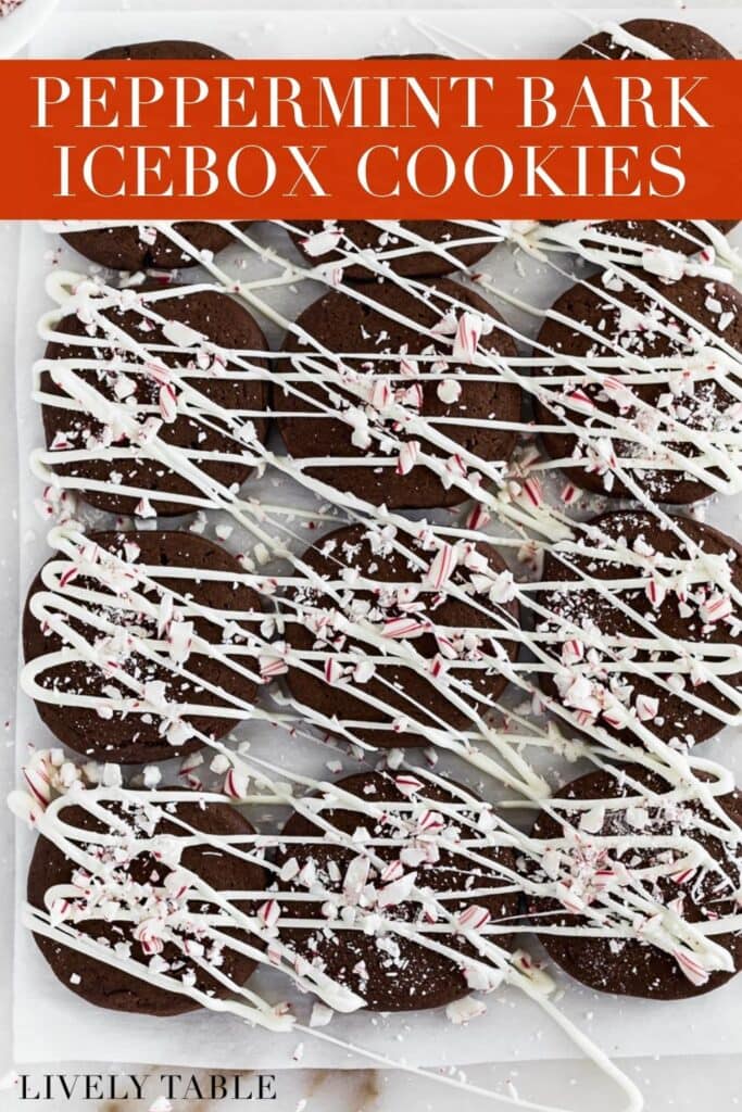 overhead view of peppermint bark icebox cookies close together in a rectangle with text overlay.