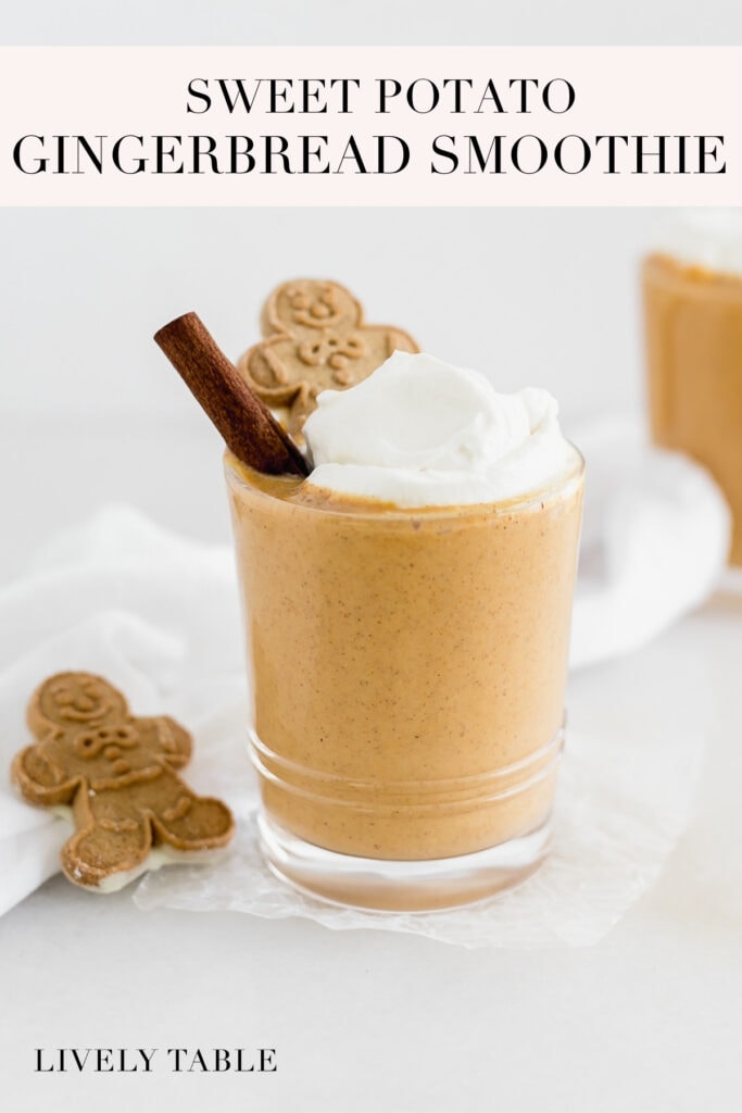 pinterest image with text for gingerbread sweet potato smoothie.