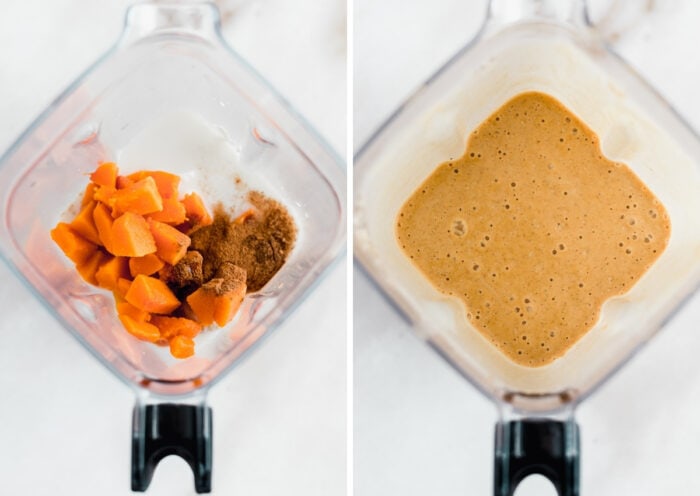 side by side images of ingredients for a gingerbread smoothie in a blender, and the blended smoothie in the blender.