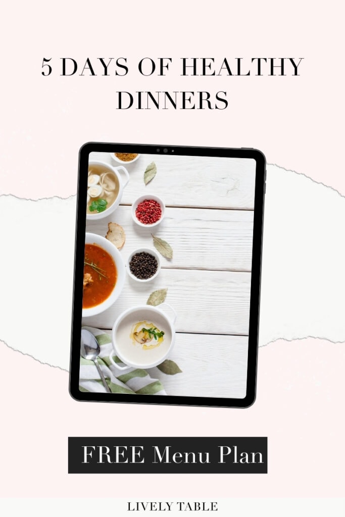 graphic with text and an ipad for 5 days of healthy dinners plan.