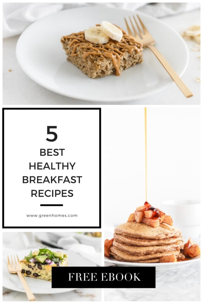 graphic for 5 healthy breakfasts ebook with photos of breakfast recipes.