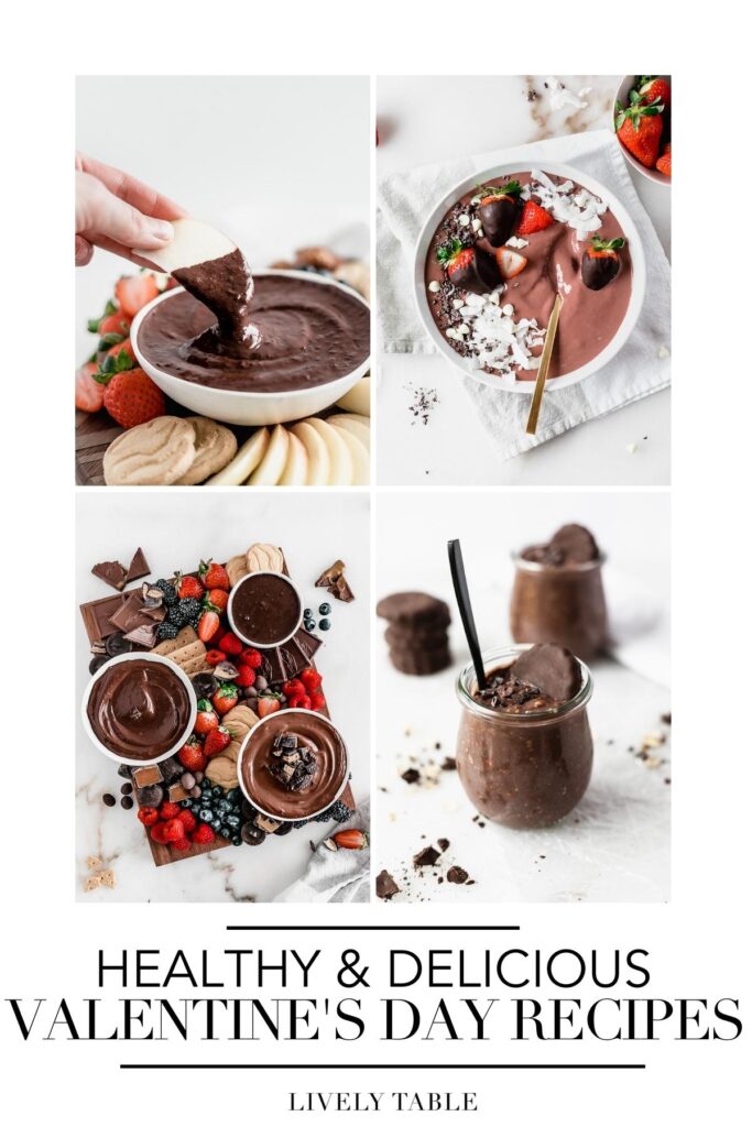 four image collage with text of healthy valentines day recipes.