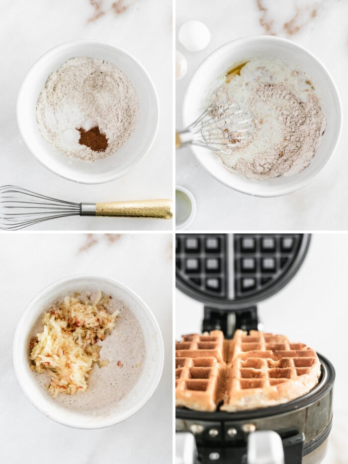 collage showing four steps to making caramel apple waffles.