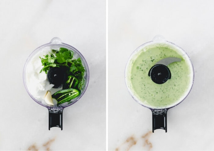 collage of two overhead views of a food processor with jalapeno dressing ingredients whole and then blended.