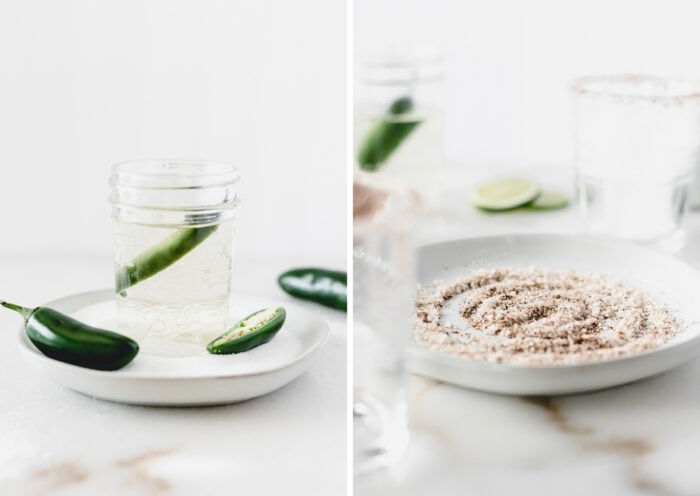 side by side images of jalapeno simple syrup in a glass jar, and a plate with smoked salt and chipotle powder mixture.