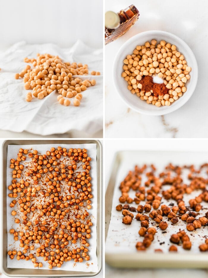 four image collage showing steps to roasting maple chili chickpeas.