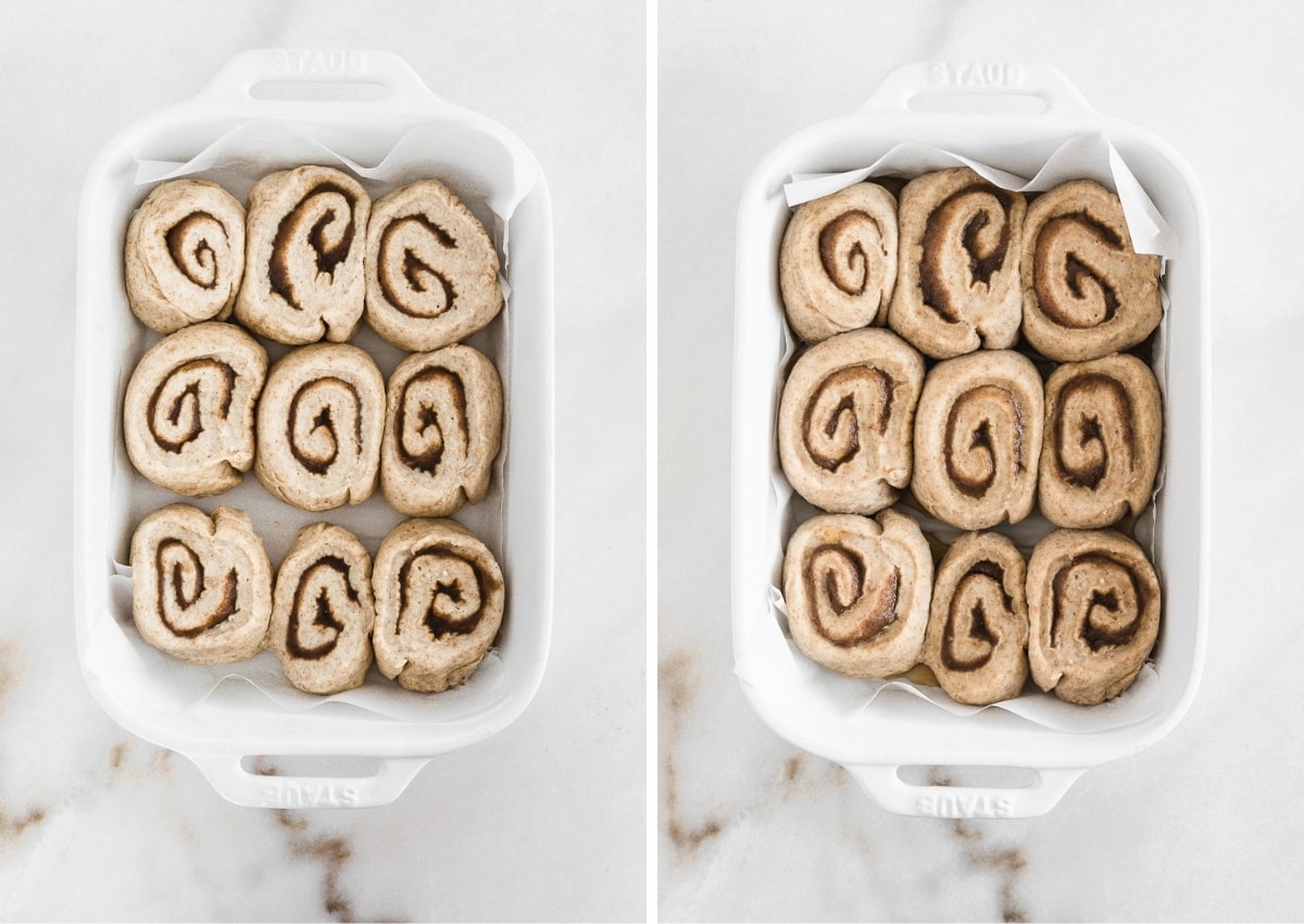 collage showing overhead view of unbaked cinnamon rolls in a baking dish before rising and after rising.