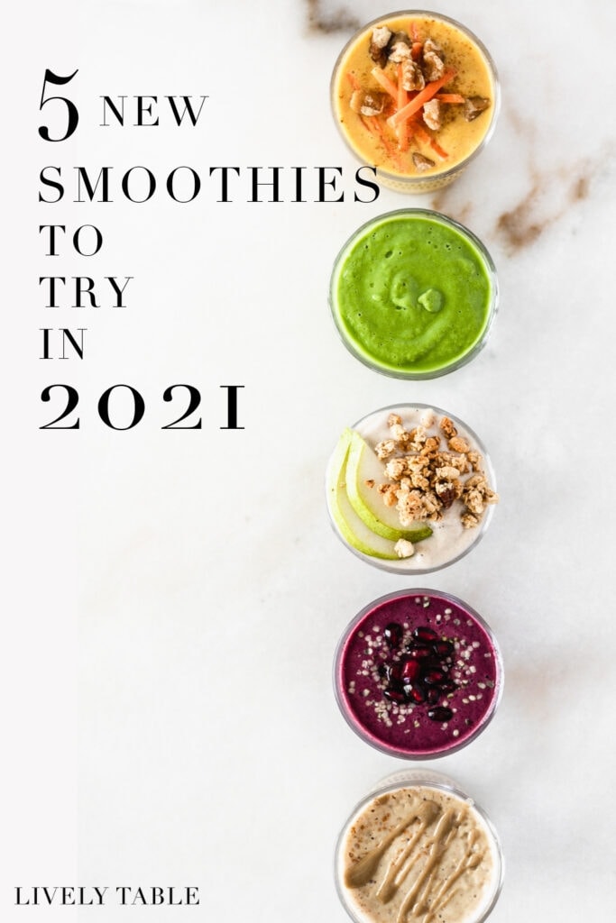 overhead view of 5 smoothies in a straight line with text overlay reading 5 new smoothies to try in 2021.