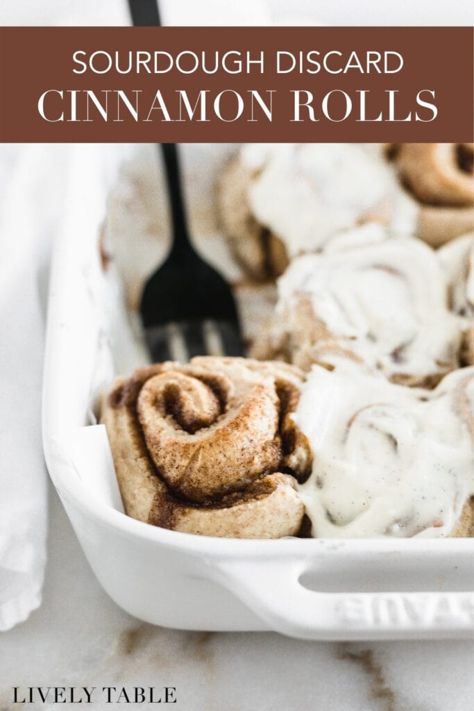 pinterest image with text overlay for sourdough discard cinnamon rolls.