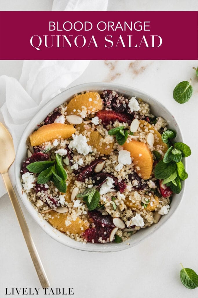 blood orange quinoa salad in a bowl with text overlay.