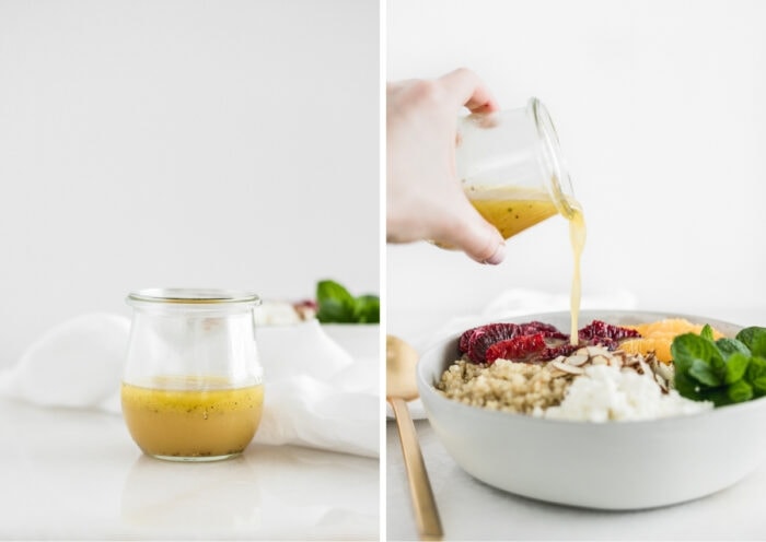 side by side images of citrus dressing in a glass jar and a hand pouring the dressing into a bowl with quinoa, oranges, goat cheese and mint.