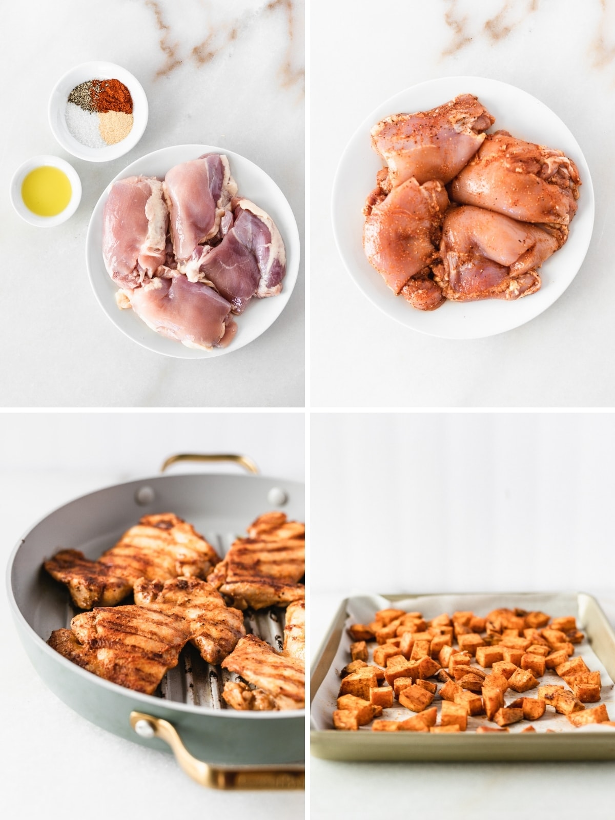 collage showing steps to making smoky grilled chicken thighs and roasted sweet potatoes.