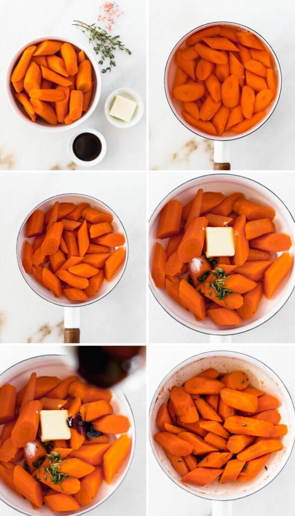 collage showing steps to making balsamic thyme carrots on the stovetop.