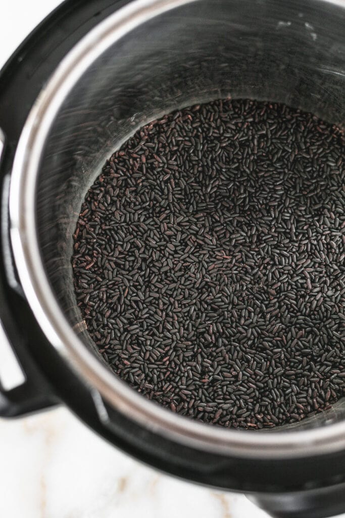 cooked black rice in the bowl of an Instant Pot.