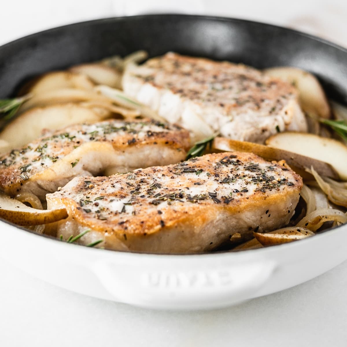 Pan Seared Pork Chops with Pears and Bourbon - Lively Table