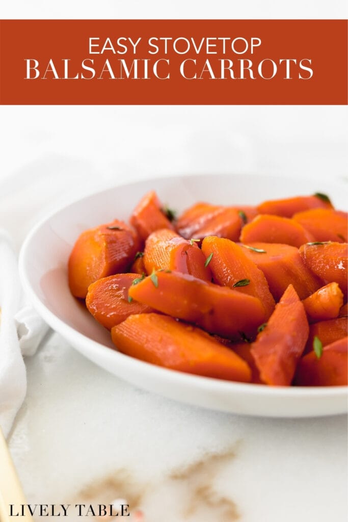 Pinterest image with text overlay for stovetop balsamic thyme carrots.