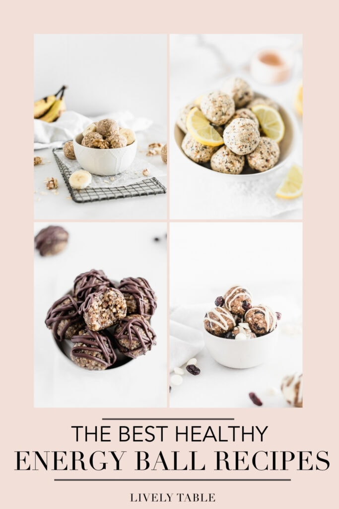 collage of 4 energy balls recipes on a pink background with text overlay.