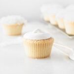 vanilla cupcake topped with 7 minute frosting.