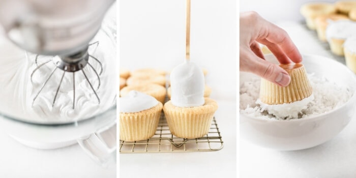 three image collage showing 7 minute frosting in a stand mixer, a spoon placing frosting onto cupcakes, and a hand dipping a cupcake into a bowl of coconut.