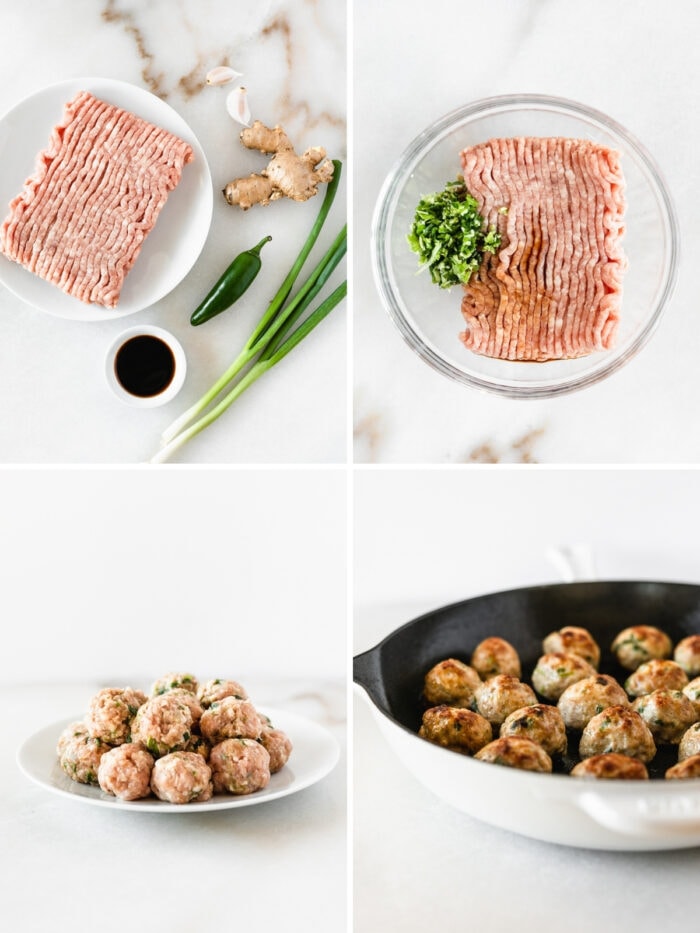 four image collage showing steps to making asian pork meatballs.