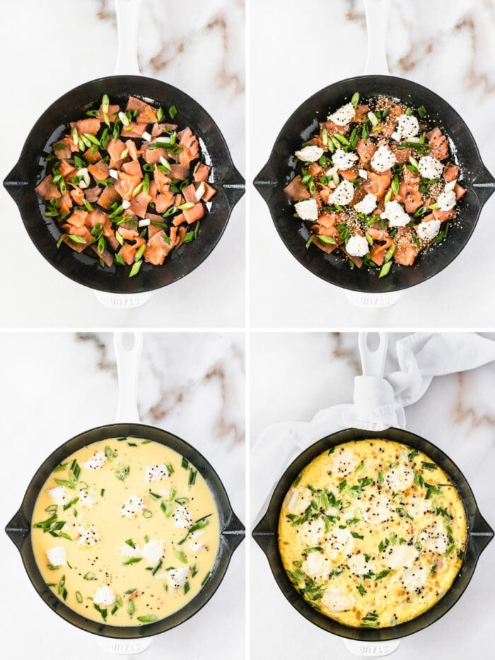 four image collage showing steps for making everything bagel lox frittata.