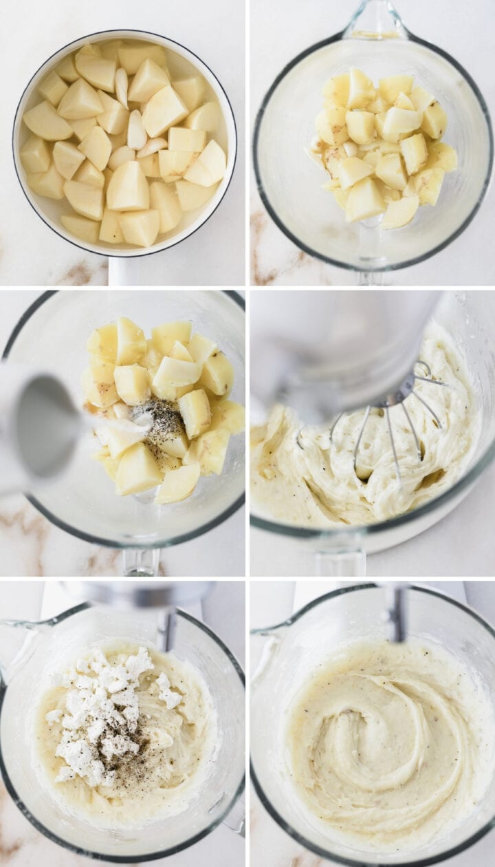 six image collage showing steps for making goat cheese mashed potatoes with a stand mixer.