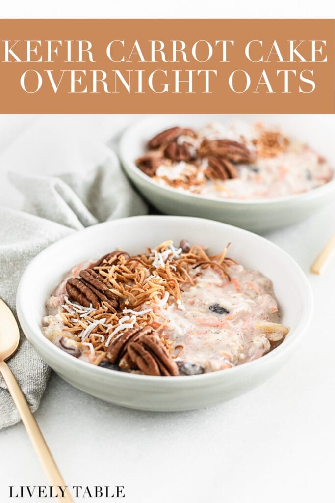 bowl of carrot cake overnight oats topped with toasted pecans and coconut flakes with a gold spoon beside it with text overlay.