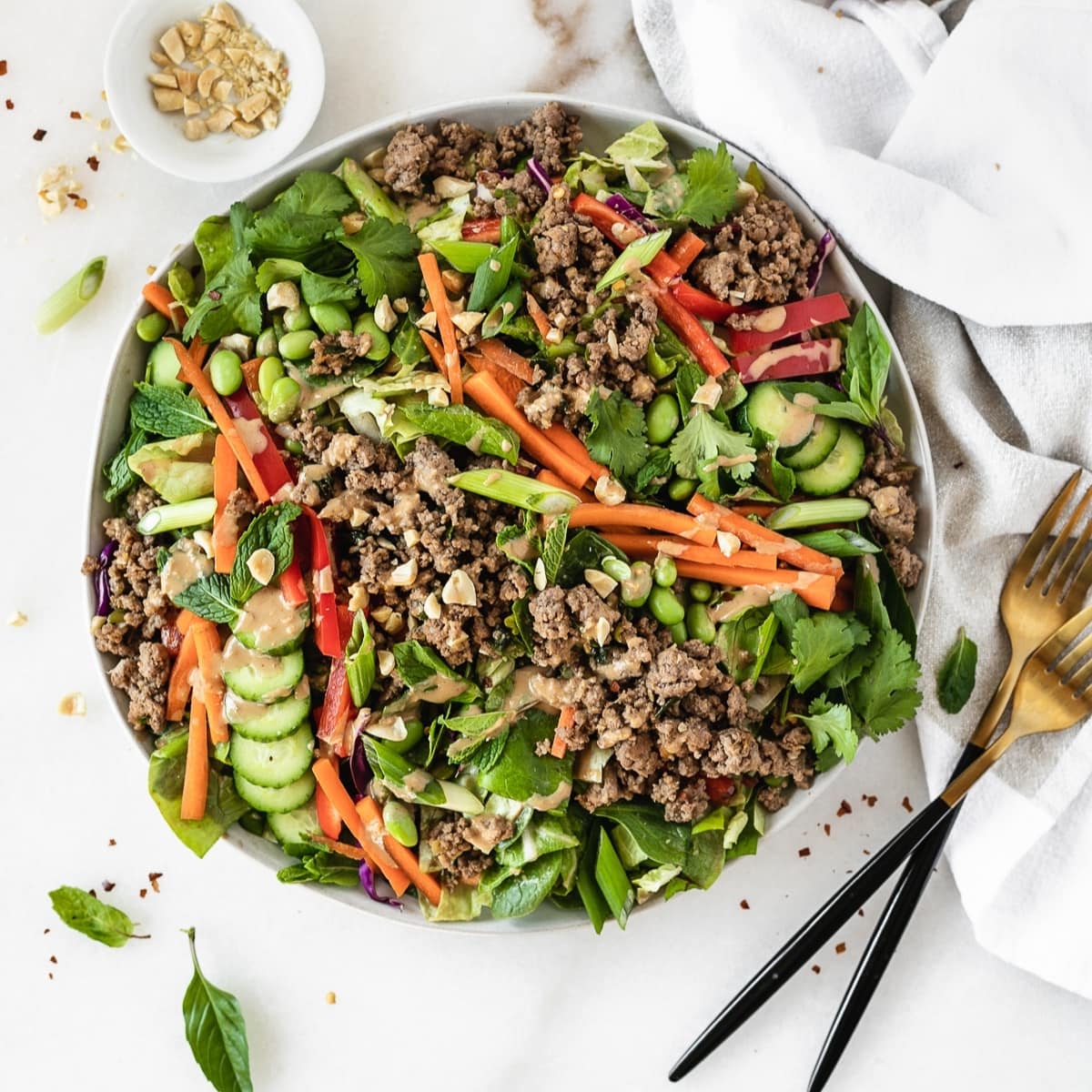 Thai Salad with Ginger Ground Beef and Peanut Dressing