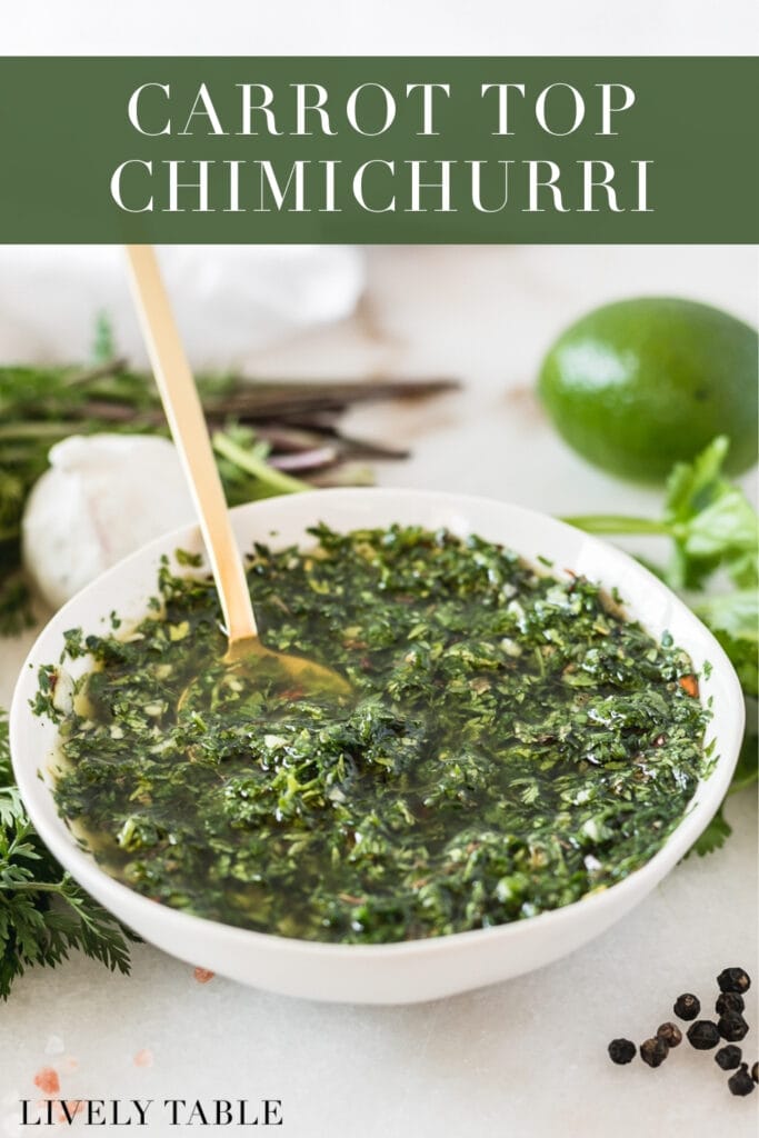 carrot top chimichurri in a small white bowl with a gold spoon in it surrounded by chimichurri ingredients with text overlay.