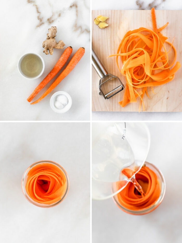 four imgae collage showing steps for making pickled carrots.