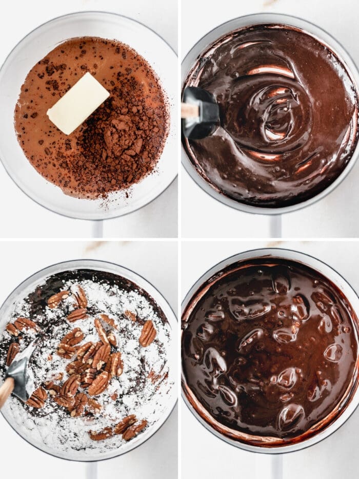 4 image collage showing steps for making chocolate sheet cake frosting.