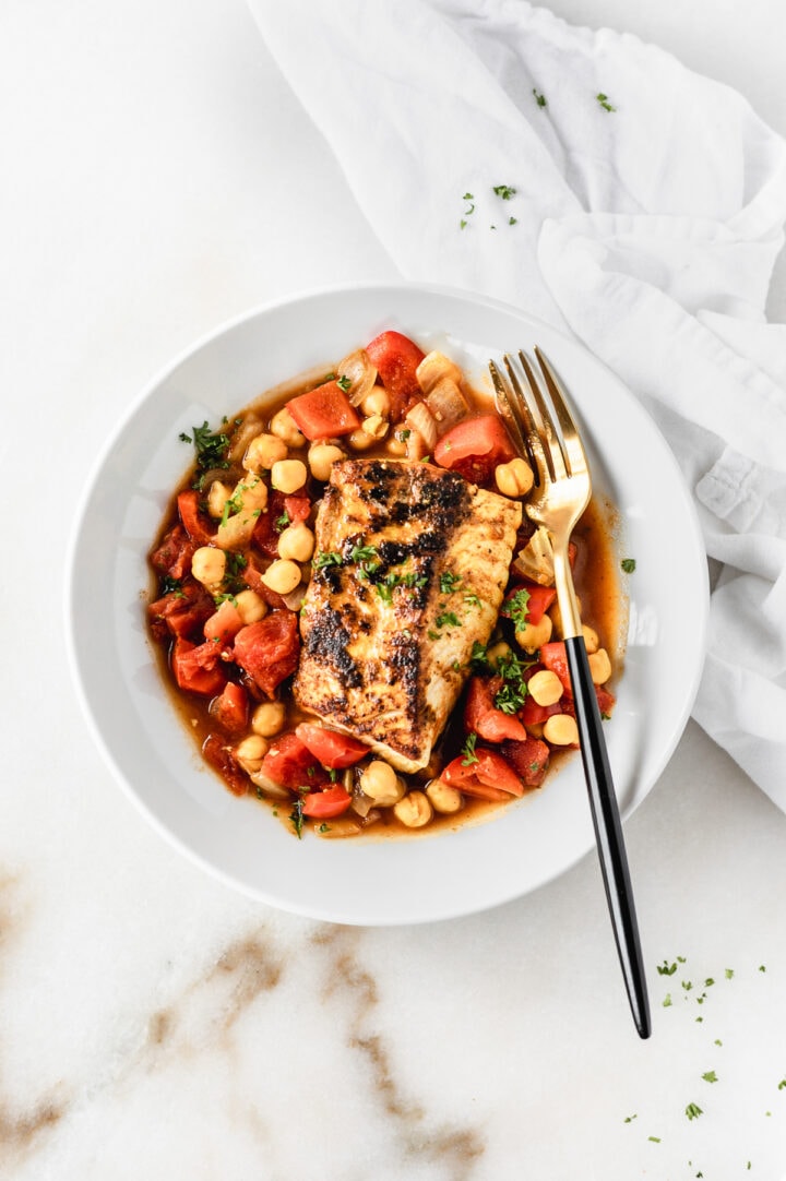 Moroccan Cod Skillet with Stewed Tomatoes and Chickpeas - Lively Table