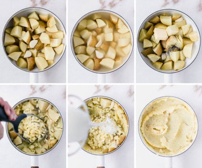 six image collage showing steps for making basic mashed potatoes.
