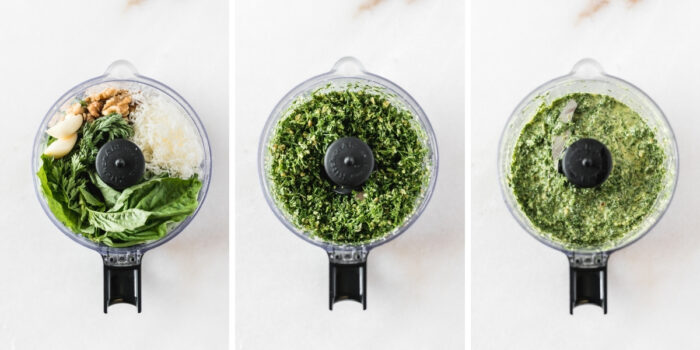 three image collage showing steps for making carrot top pesto in a food processor.