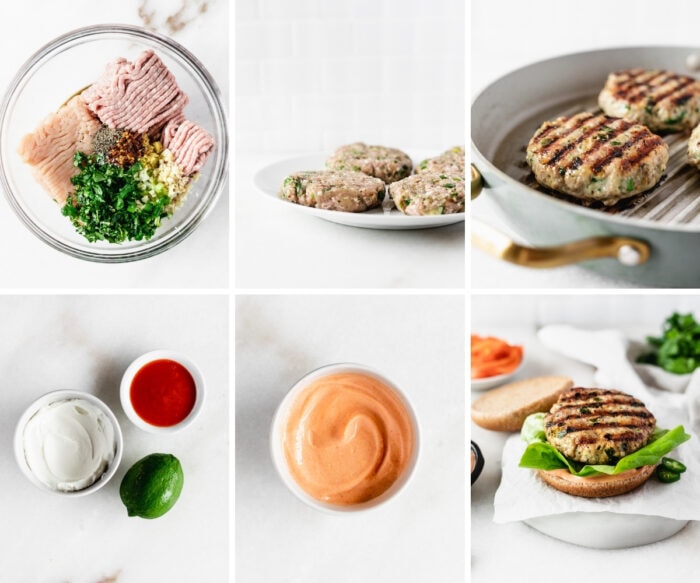 six image collage showing steps for making healthy thai burgers.