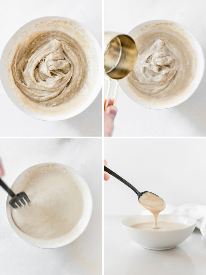 four image collage showing steps for making tahini dressing.