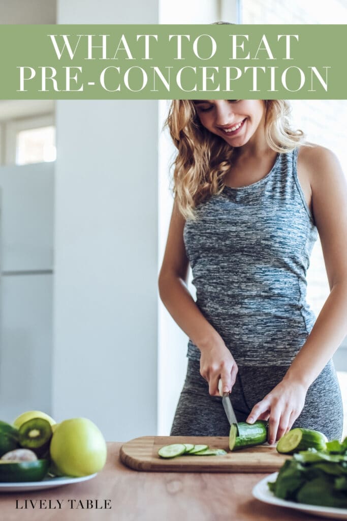 woman in a grey tank top chopping green veggies with text overlay.