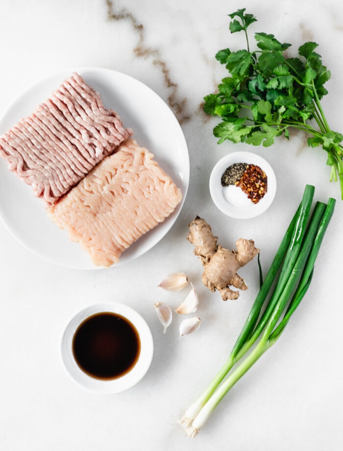 ingredients needed to make healthy thai chicken and pork burgers on a white marble background.