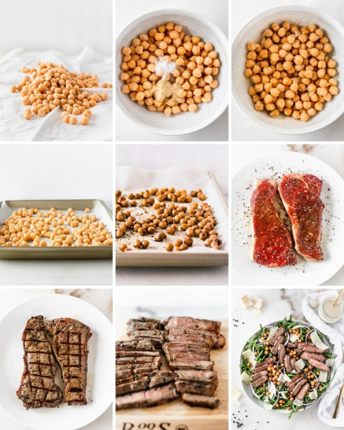 9 image collage showing steps for making roasted chickpeas and grilled steak arugula salad.